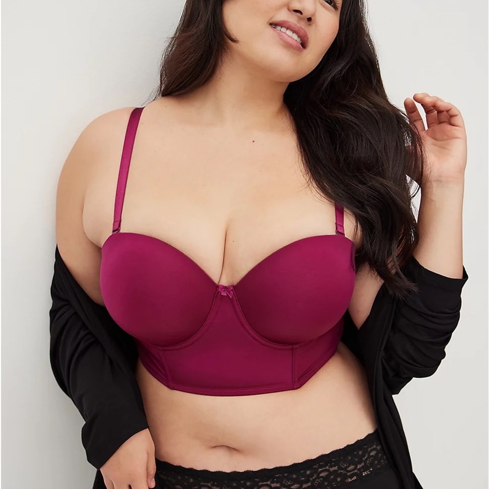 NWT STRAPLESS fuschia red PUSH-UP LONGLINE SMOOTH STRAIGHT BACK BRA TORRID 38DD